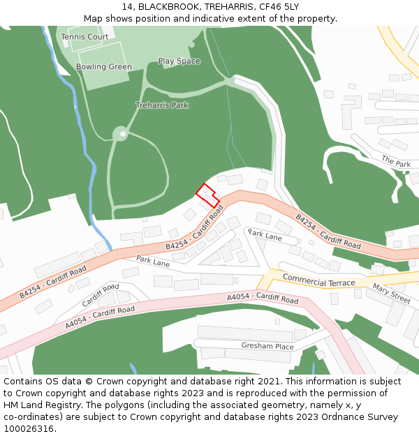 14, BLACKBROOK, TREHARRIS, CF46 5LY: Location map and indicative extent of plot