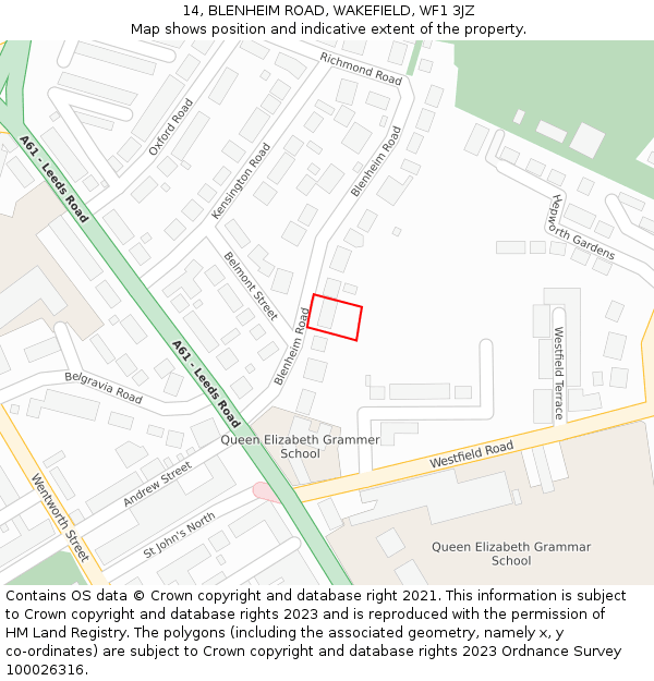 14, BLENHEIM ROAD, WAKEFIELD, WF1 3JZ: Location map and indicative extent of plot