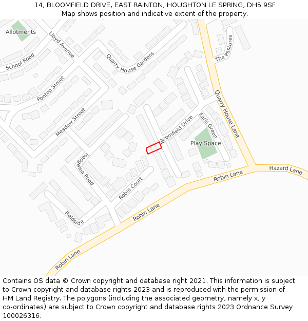 14, BLOOMFIELD DRIVE, EAST RAINTON, HOUGHTON LE SPRING, DH5 9SF: Location map and indicative extent of plot