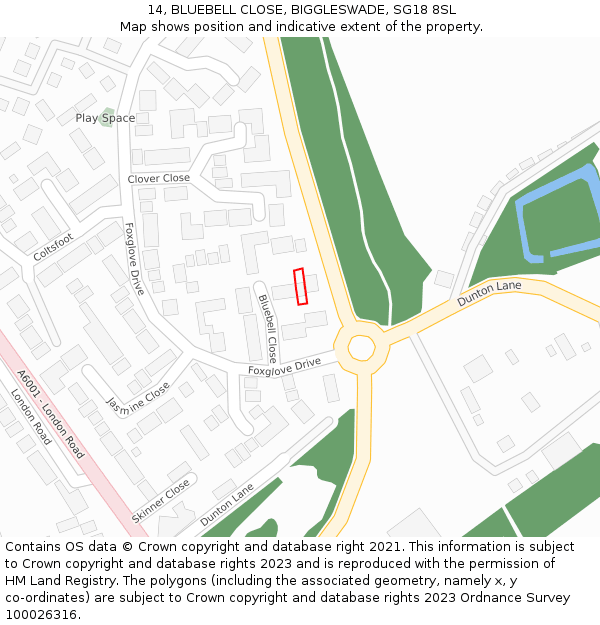 14, BLUEBELL CLOSE, BIGGLESWADE, SG18 8SL: Location map and indicative extent of plot