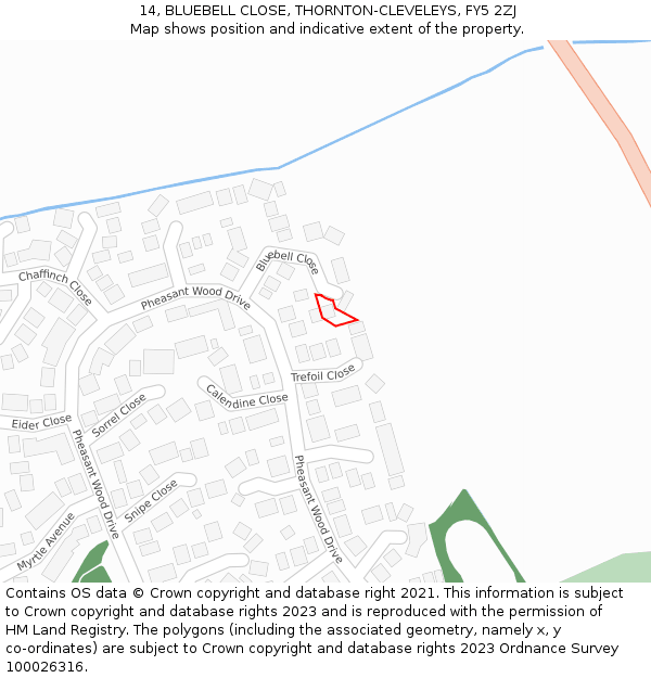14, BLUEBELL CLOSE, THORNTON-CLEVELEYS, FY5 2ZJ: Location map and indicative extent of plot