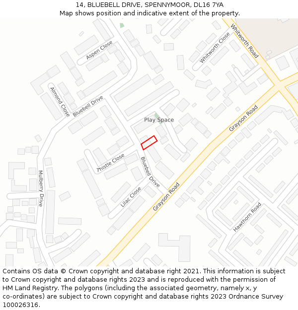 14, BLUEBELL DRIVE, SPENNYMOOR, DL16 7YA: Location map and indicative extent of plot