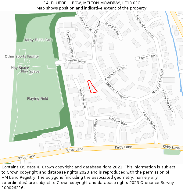 14, BLUEBELL ROW, MELTON MOWBRAY, LE13 0FG: Location map and indicative extent of plot