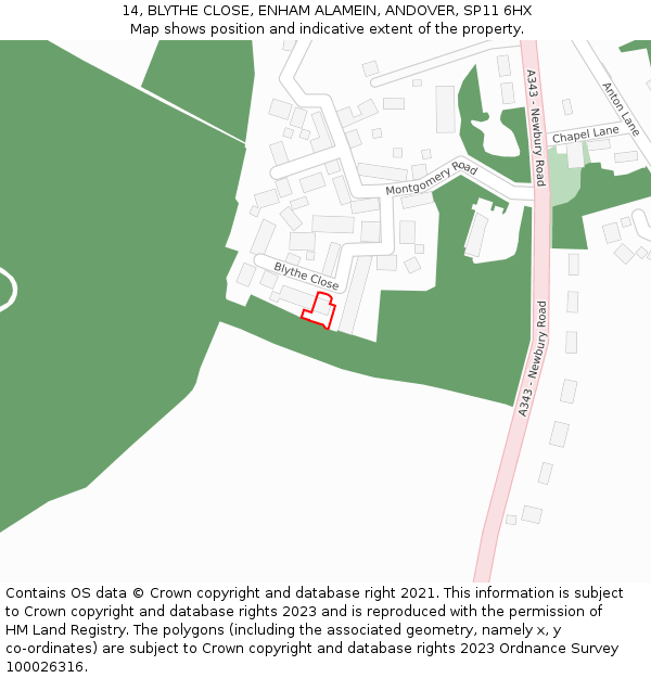 14, BLYTHE CLOSE, ENHAM ALAMEIN, ANDOVER, SP11 6HX: Location map and indicative extent of plot