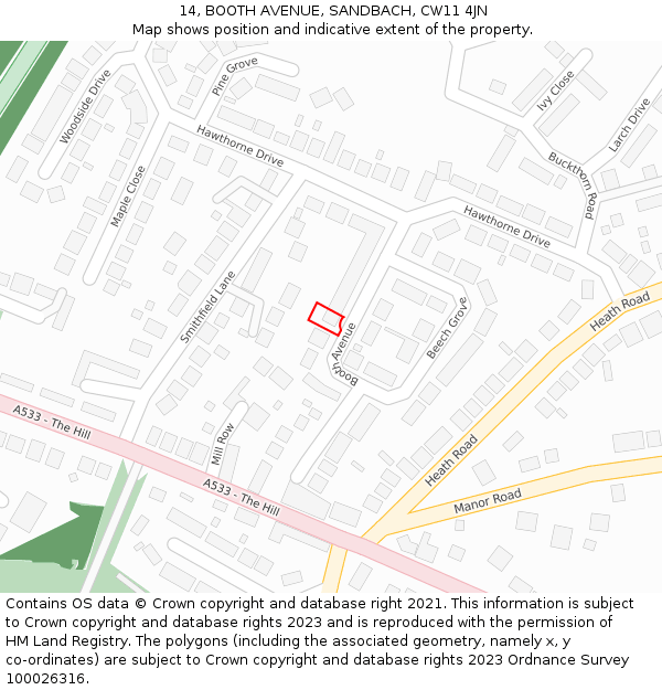 14, BOOTH AVENUE, SANDBACH, CW11 4JN: Location map and indicative extent of plot