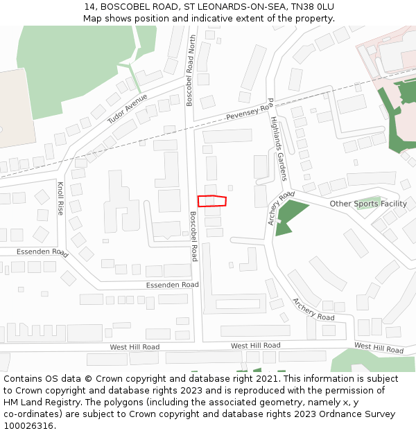 14, BOSCOBEL ROAD, ST LEONARDS-ON-SEA, TN38 0LU: Location map and indicative extent of plot