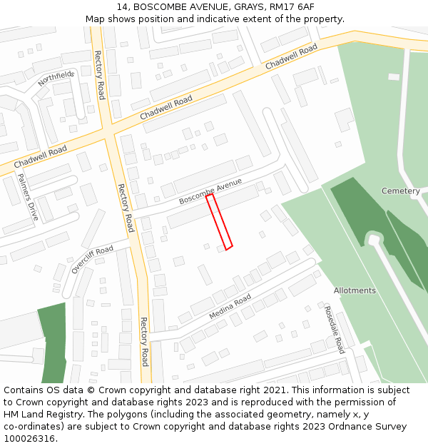14, BOSCOMBE AVENUE, GRAYS, RM17 6AF: Location map and indicative extent of plot