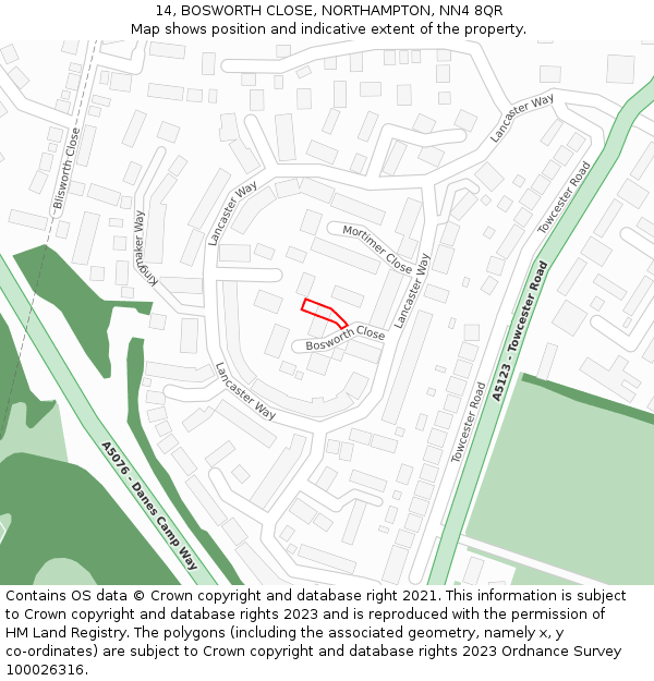 14, BOSWORTH CLOSE, NORTHAMPTON, NN4 8QR: Location map and indicative extent of plot