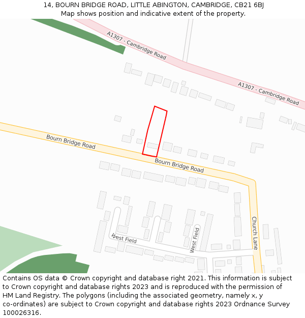 14, BOURN BRIDGE ROAD, LITTLE ABINGTON, CAMBRIDGE, CB21 6BJ: Location map and indicative extent of plot