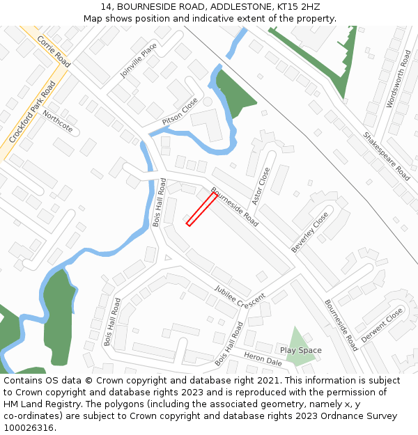 14, BOURNESIDE ROAD, ADDLESTONE, KT15 2HZ: Location map and indicative extent of plot