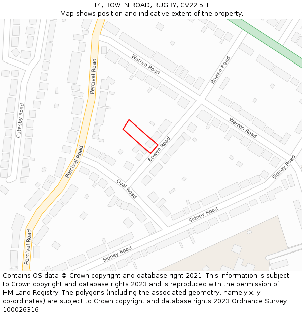 14, BOWEN ROAD, RUGBY, CV22 5LF: Location map and indicative extent of plot