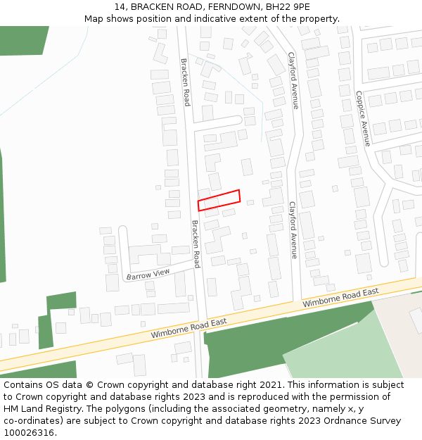 14, BRACKEN ROAD, FERNDOWN, BH22 9PE: Location map and indicative extent of plot