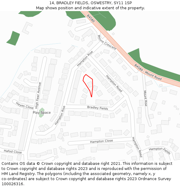 14, BRADLEY FIELDS, OSWESTRY, SY11 1SP: Location map and indicative extent of plot