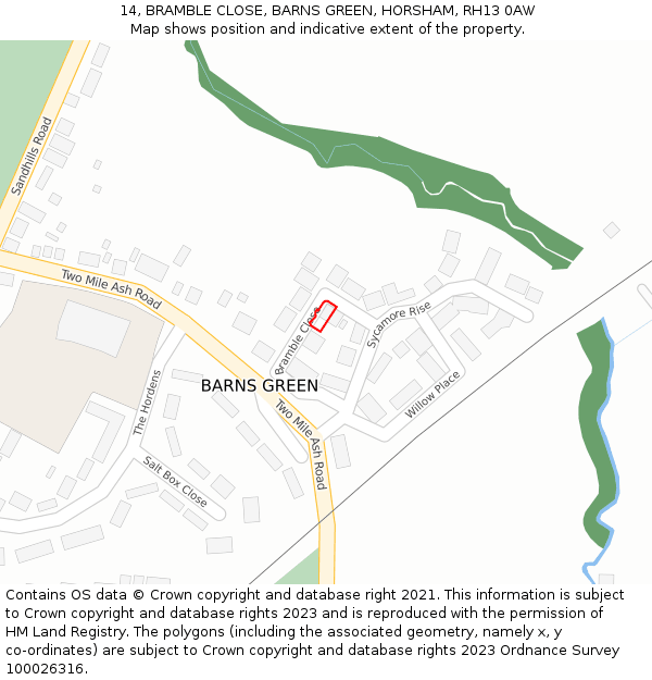 14, BRAMBLE CLOSE, BARNS GREEN, HORSHAM, RH13 0AW: Location map and indicative extent of plot