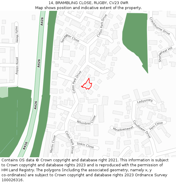 14, BRAMBLING CLOSE, RUGBY, CV23 0WR: Location map and indicative extent of plot
