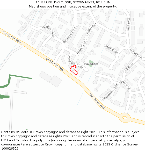 14, BRAMBLING CLOSE, STOWMARKET, IP14 5UN: Location map and indicative extent of plot