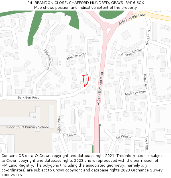 14, BRANDON CLOSE, CHAFFORD HUNDRED, GRAYS, RM16 6QX: Location map and indicative extent of plot