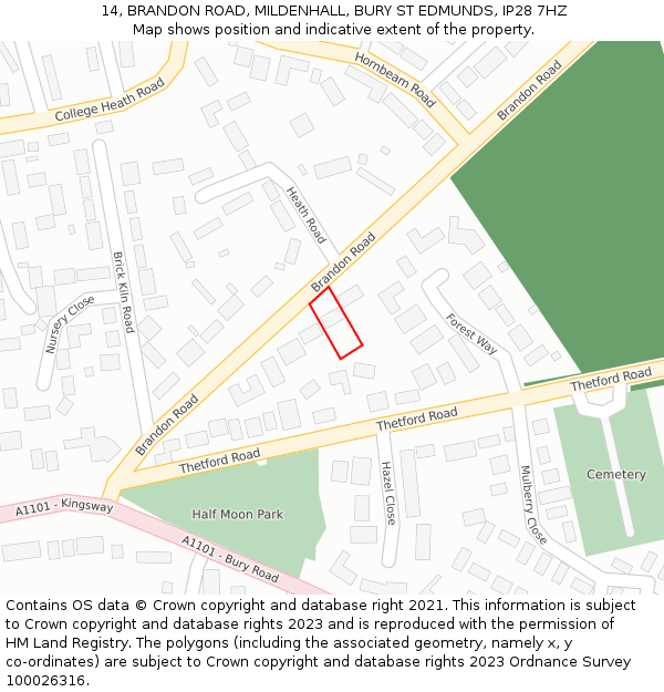 14, BRANDON ROAD, MILDENHALL, BURY ST EDMUNDS, IP28 7HZ: Location map and indicative extent of plot
