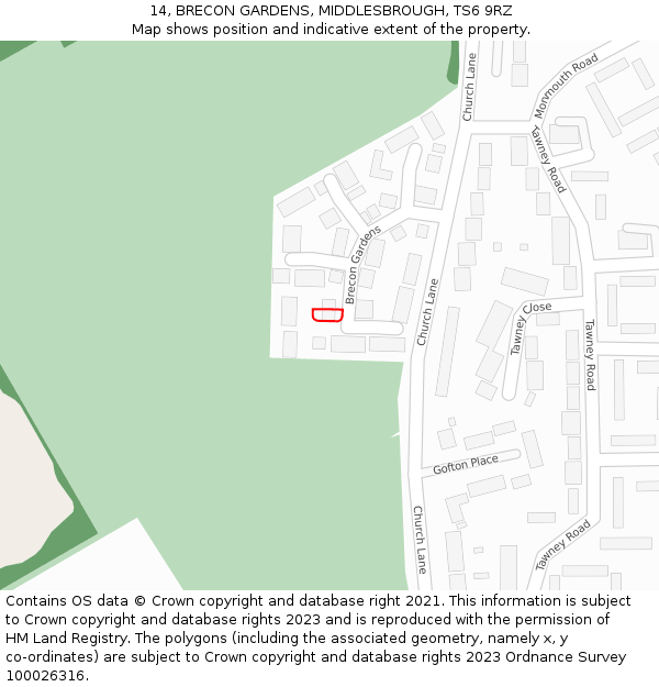 14, BRECON GARDENS, MIDDLESBROUGH, TS6 9RZ: Location map and indicative extent of plot