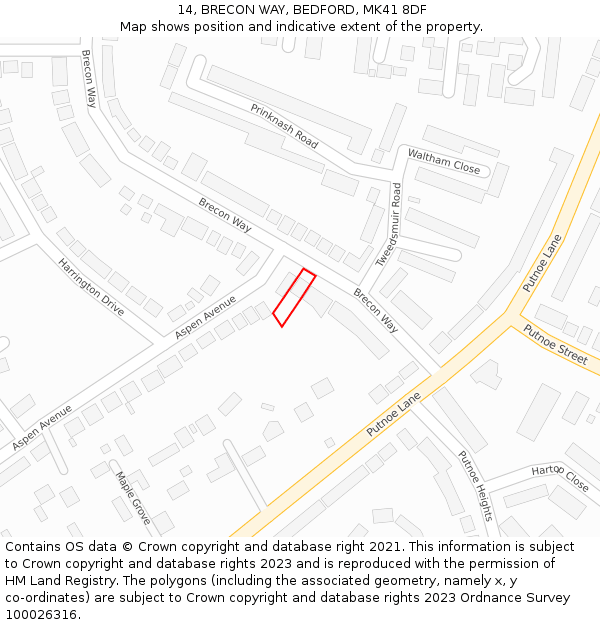 14, BRECON WAY, BEDFORD, MK41 8DF: Location map and indicative extent of plot