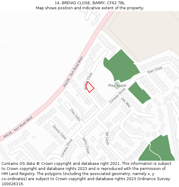 14, BRENIG CLOSE, BARRY, CF62 7BL: Location map and indicative extent of plot