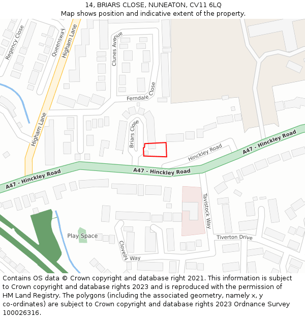 14, BRIARS CLOSE, NUNEATON, CV11 6LQ: Location map and indicative extent of plot