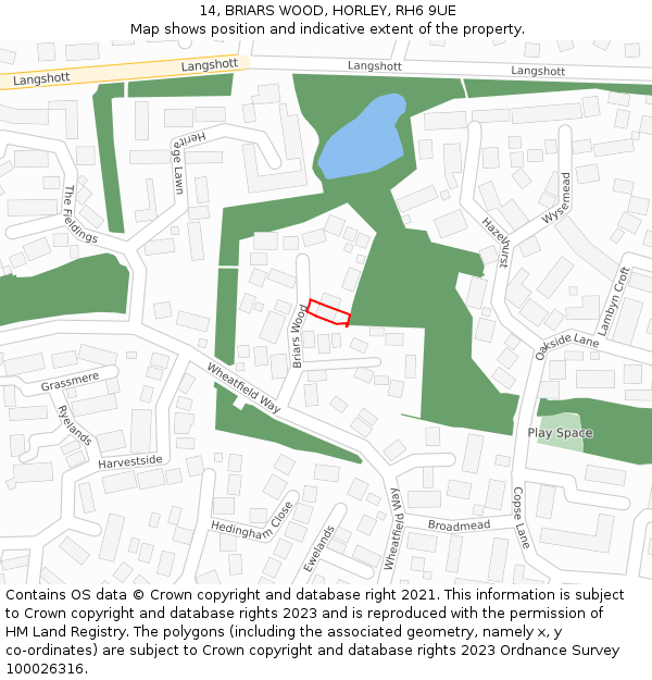 14, BRIARS WOOD, HORLEY, RH6 9UE: Location map and indicative extent of plot