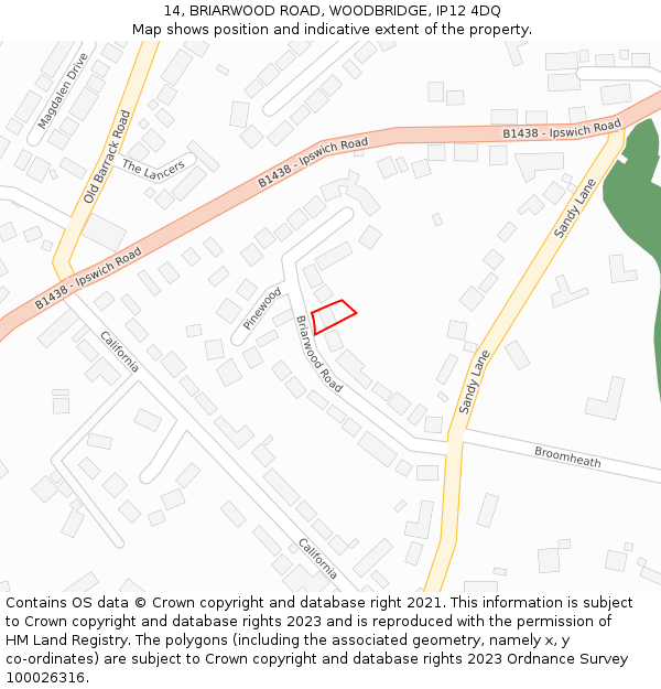 14, BRIARWOOD ROAD, WOODBRIDGE, IP12 4DQ: Location map and indicative extent of plot