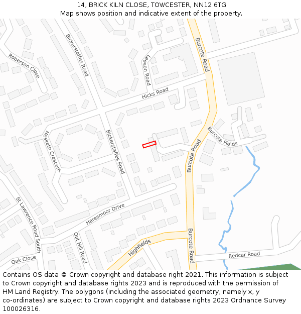 14, BRICK KILN CLOSE, TOWCESTER, NN12 6TG: Location map and indicative extent of plot