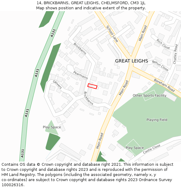 14, BRICKBARNS, GREAT LEIGHS, CHELMSFORD, CM3 1JL: Location map and indicative extent of plot