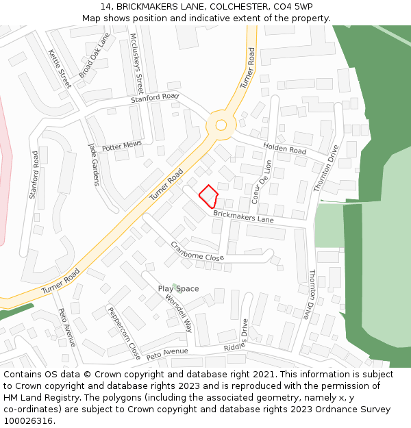 14, BRICKMAKERS LANE, COLCHESTER, CO4 5WP: Location map and indicative extent of plot