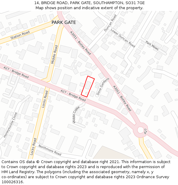 14, BRIDGE ROAD, PARK GATE, SOUTHAMPTON, SO31 7GE: Location map and indicative extent of plot