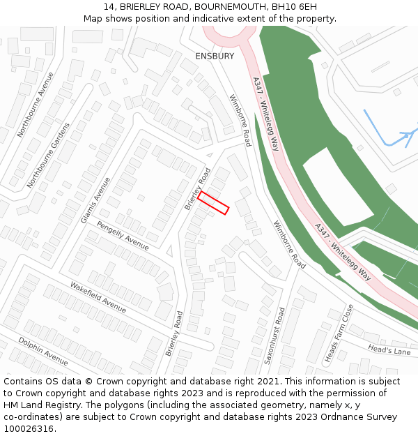 14, BRIERLEY ROAD, BOURNEMOUTH, BH10 6EH: Location map and indicative extent of plot