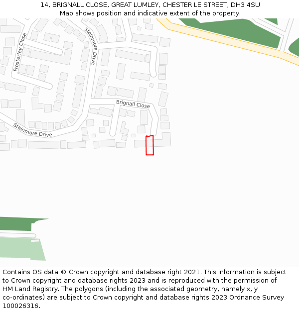 14, BRIGNALL CLOSE, GREAT LUMLEY, CHESTER LE STREET, DH3 4SU: Location map and indicative extent of plot