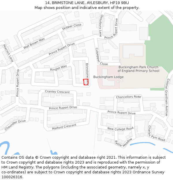 14, BRIMSTONE LANE, AYLESBURY, HP19 9BU: Location map and indicative extent of plot
