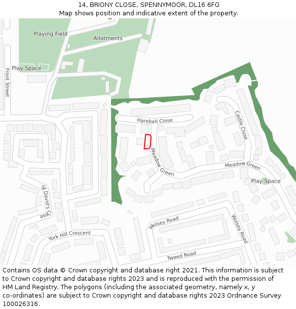 14, BRIONY CLOSE, SPENNYMOOR, DL16 6FG: Location map and indicative extent of plot