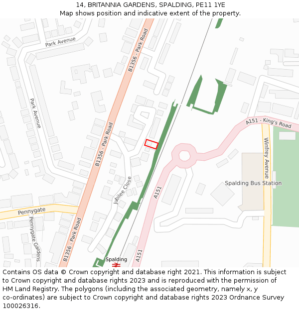 14, BRITANNIA GARDENS, SPALDING, PE11 1YE: Location map and indicative extent of plot