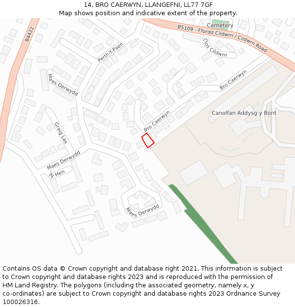14, BRO CAERWYN, LLANGEFNI, LL77 7GF: Location map and indicative extent of plot