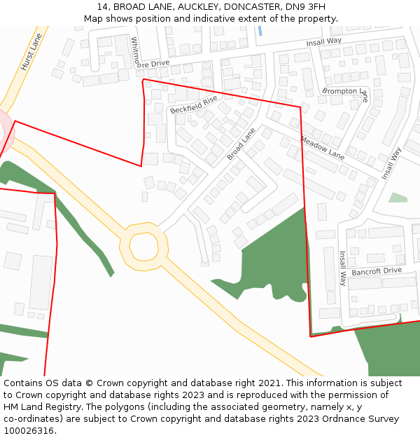 14, BROAD LANE, AUCKLEY, DONCASTER, DN9 3FH: Location map and indicative extent of plot