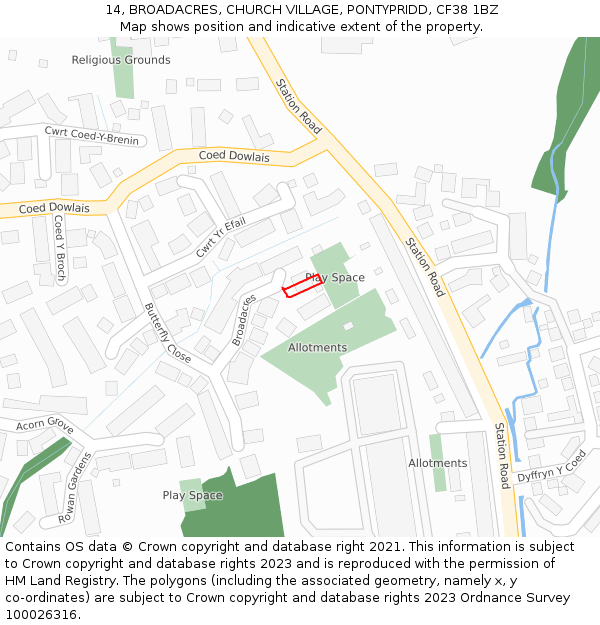 14, BROADACRES, CHURCH VILLAGE, PONTYPRIDD, CF38 1BZ: Location map and indicative extent of plot