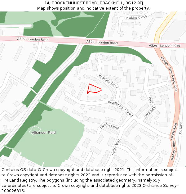 14, BROCKENHURST ROAD, BRACKNELL, RG12 9FJ: Location map and indicative extent of plot