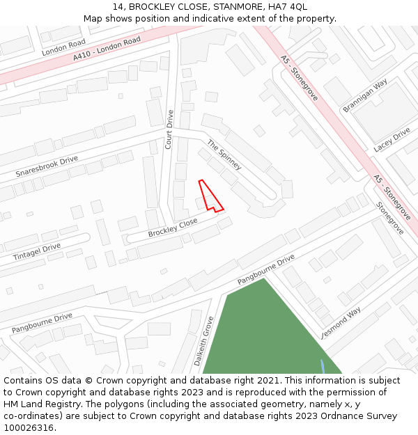 14, BROCKLEY CLOSE, STANMORE, HA7 4QL: Location map and indicative extent of plot