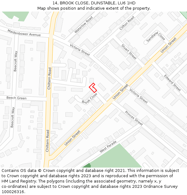 14, BROOK CLOSE, DUNSTABLE, LU6 1HD: Location map and indicative extent of plot