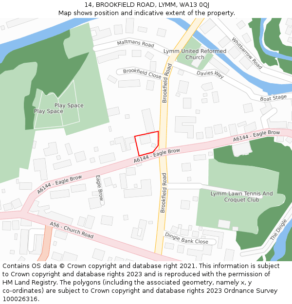 14, BROOKFIELD ROAD, LYMM, WA13 0QJ: Location map and indicative extent of plot