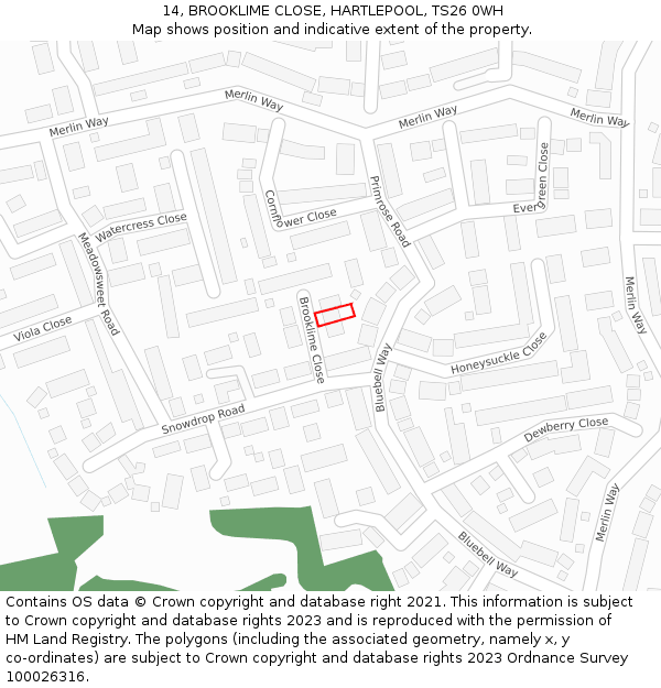 14, BROOKLIME CLOSE, HARTLEPOOL, TS26 0WH: Location map and indicative extent of plot