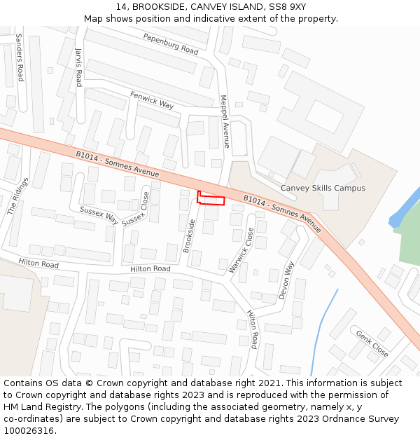 14, BROOKSIDE, CANVEY ISLAND, SS8 9XY: Location map and indicative extent of plot