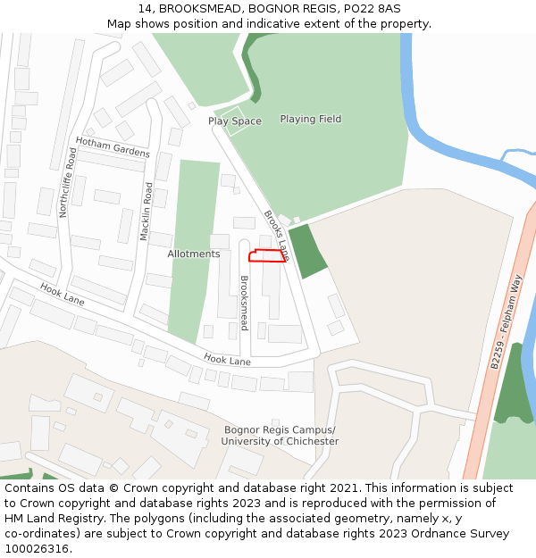 14, BROOKSMEAD, BOGNOR REGIS, PO22 8AS: Location map and indicative extent of plot