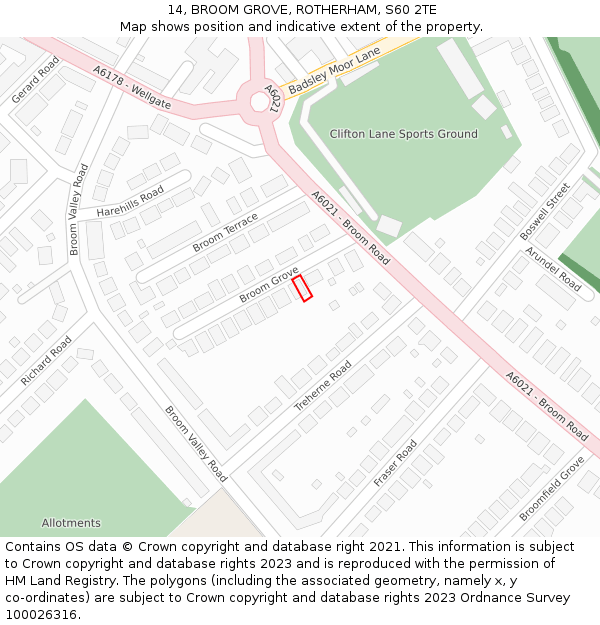 14, BROOM GROVE, ROTHERHAM, S60 2TE: Location map and indicative extent of plot