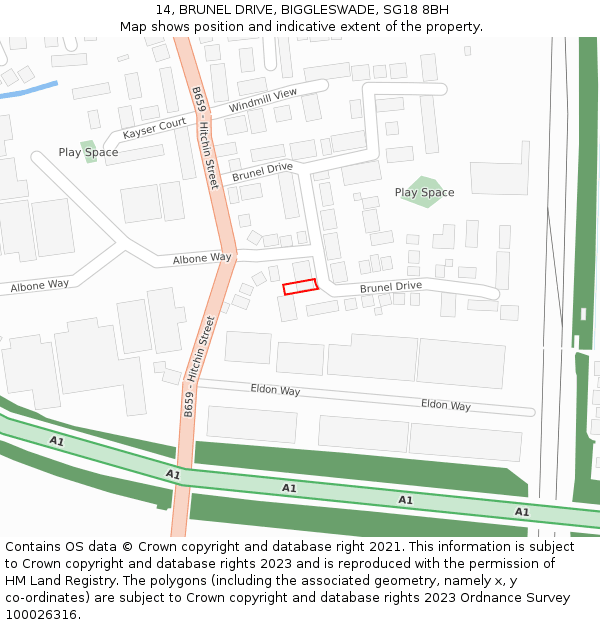 14, BRUNEL DRIVE, BIGGLESWADE, SG18 8BH: Location map and indicative extent of plot