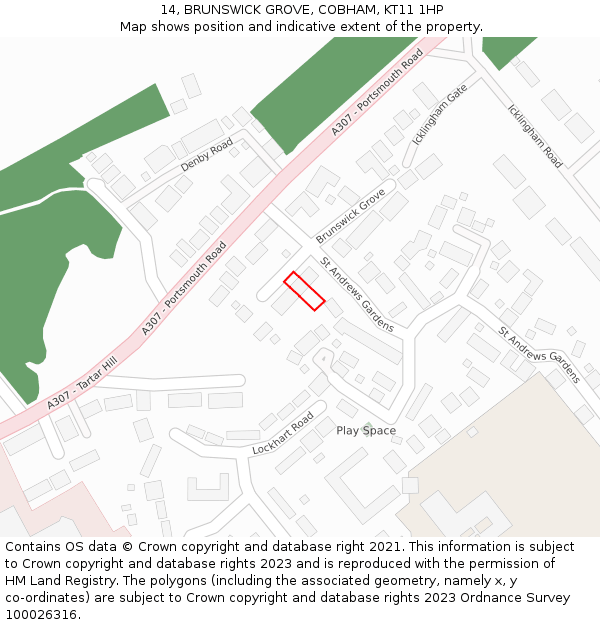 14, BRUNSWICK GROVE, COBHAM, KT11 1HP: Location map and indicative extent of plot